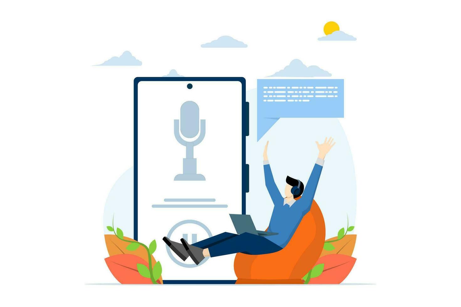 Podcast concept, A man holding a pointer stick and clicking a podcast subscribe button on a large computer as a background, Flat vector illustration on a white background.