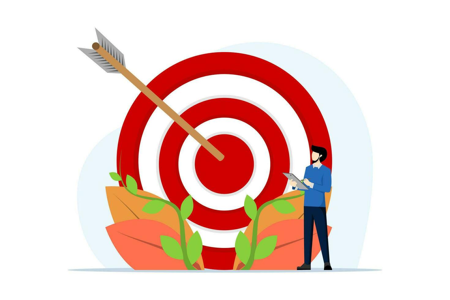 Concept of achieving business targets, A Businessman Standing Beside Red Target Circles And Arrows, Reaching Target Right In The Middle, Analyzing Achievement Results. flat vector illustration.