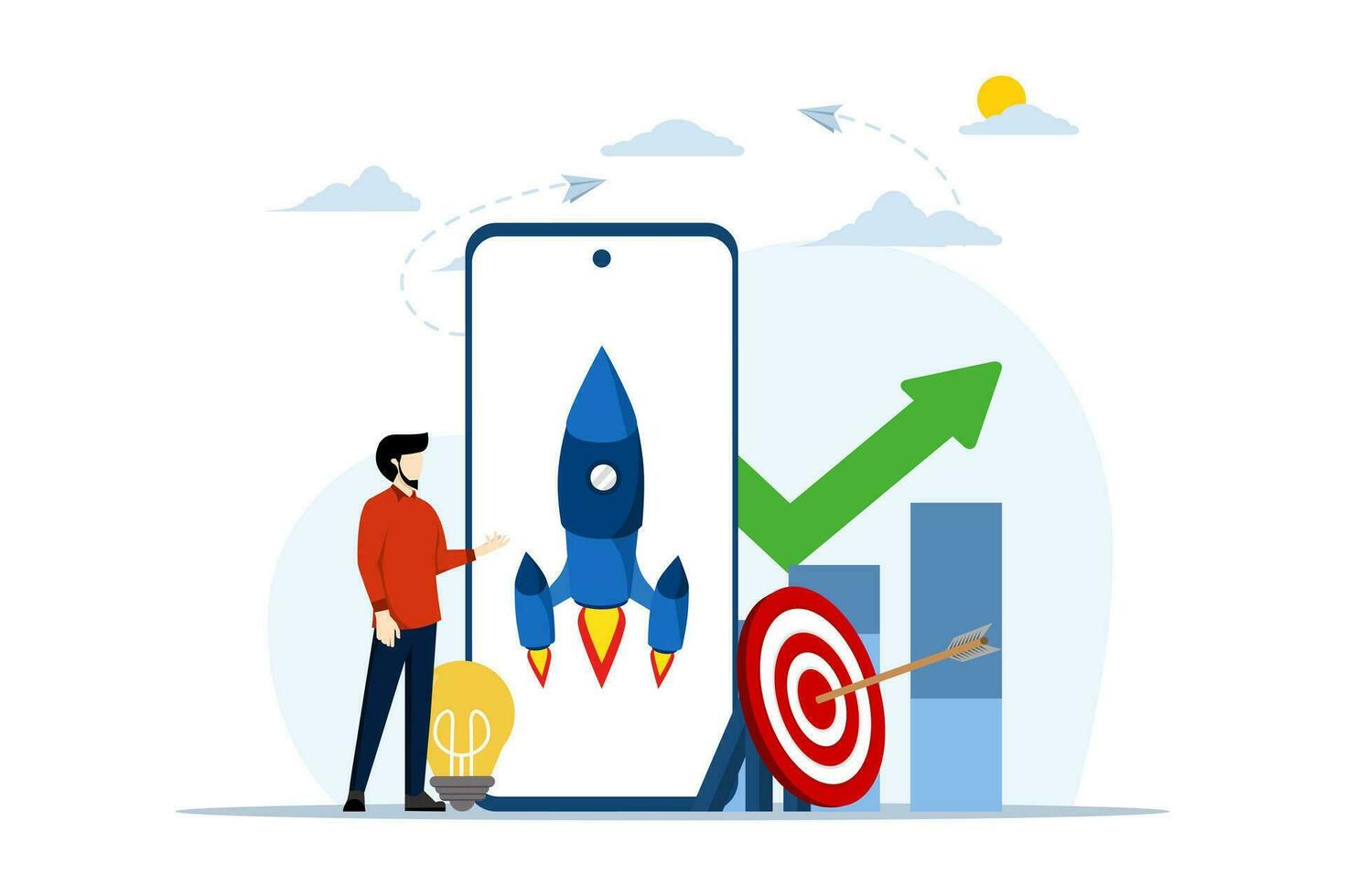 startup business concept. Teamwork in building a startup business. people building spaceship rocket, cohesive teamwork in initial vector. flat vector illustration on white background.