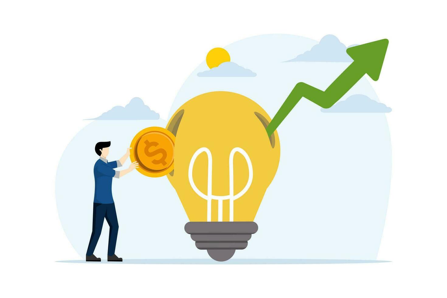 concept of investing in knowledge for more success, paying for additional learning and improving skills, Businessman inserting coins into a light bulb while skyrocketing the graph. vector