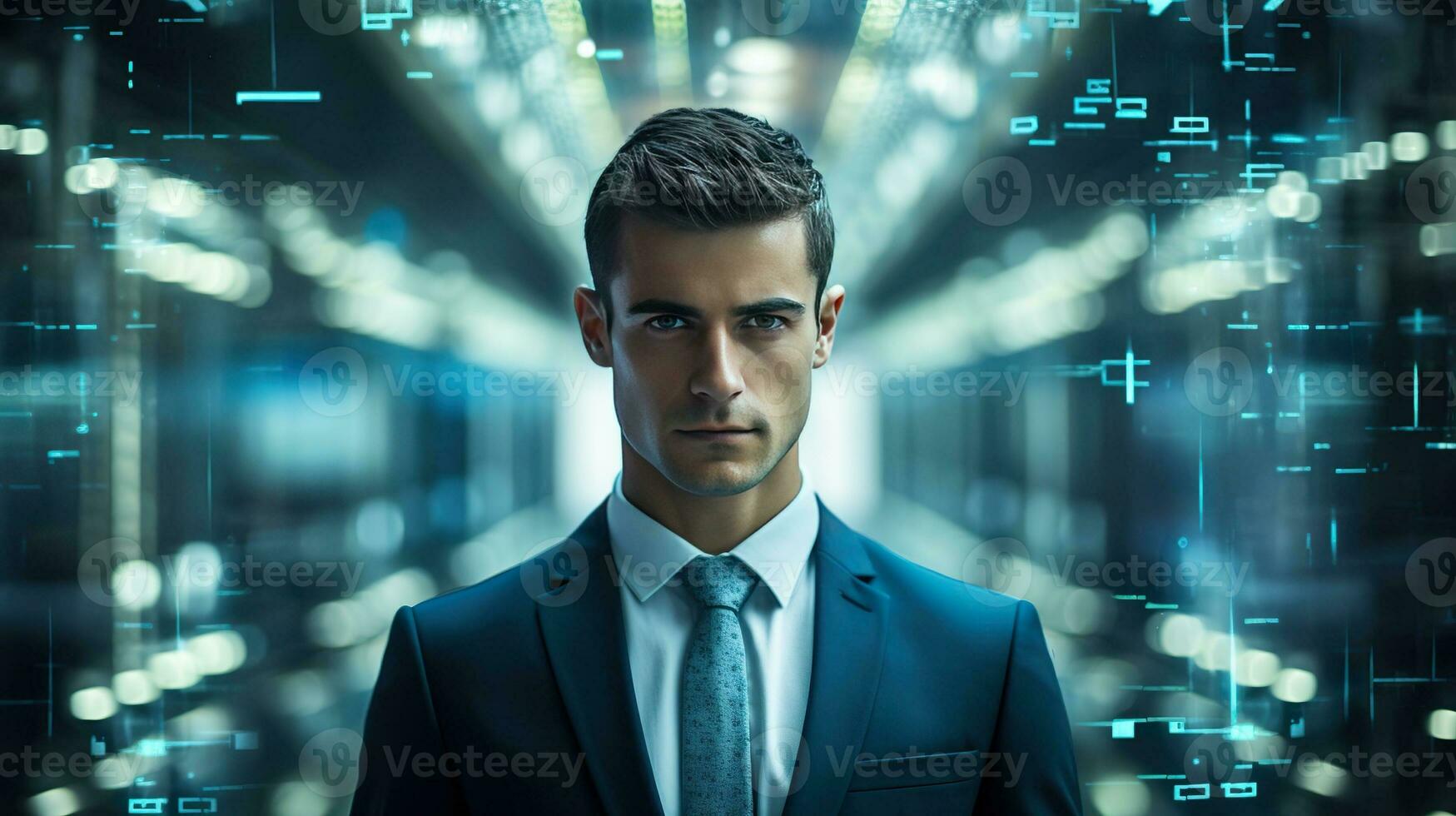 AI generated a businessman is in front of a interface computer display photo