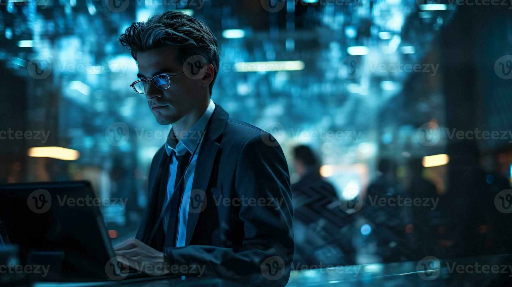 AI generated a businessman is in front of a interface computer display photo