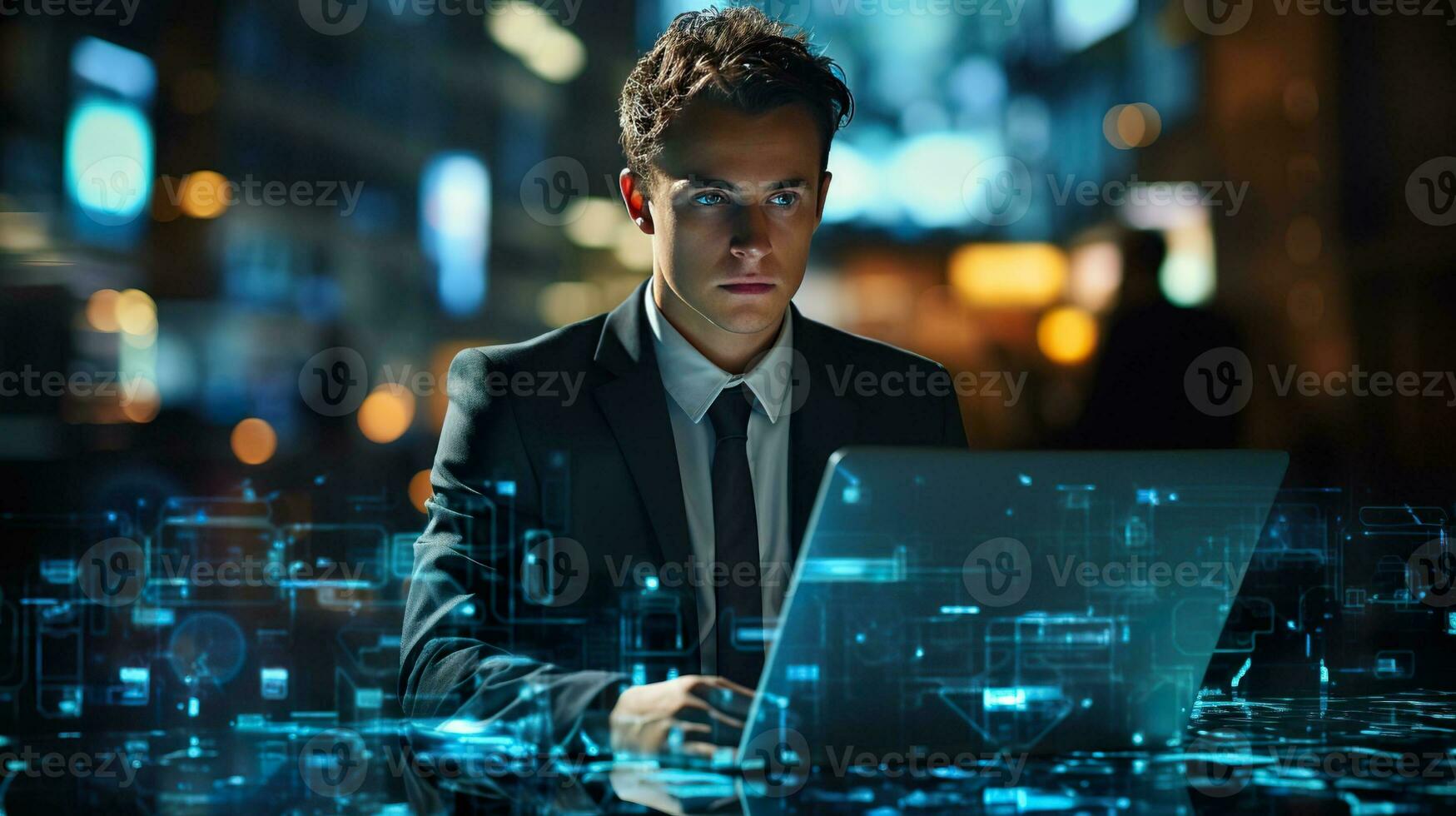 AI generated a businessman is in front of a interface computer display photo