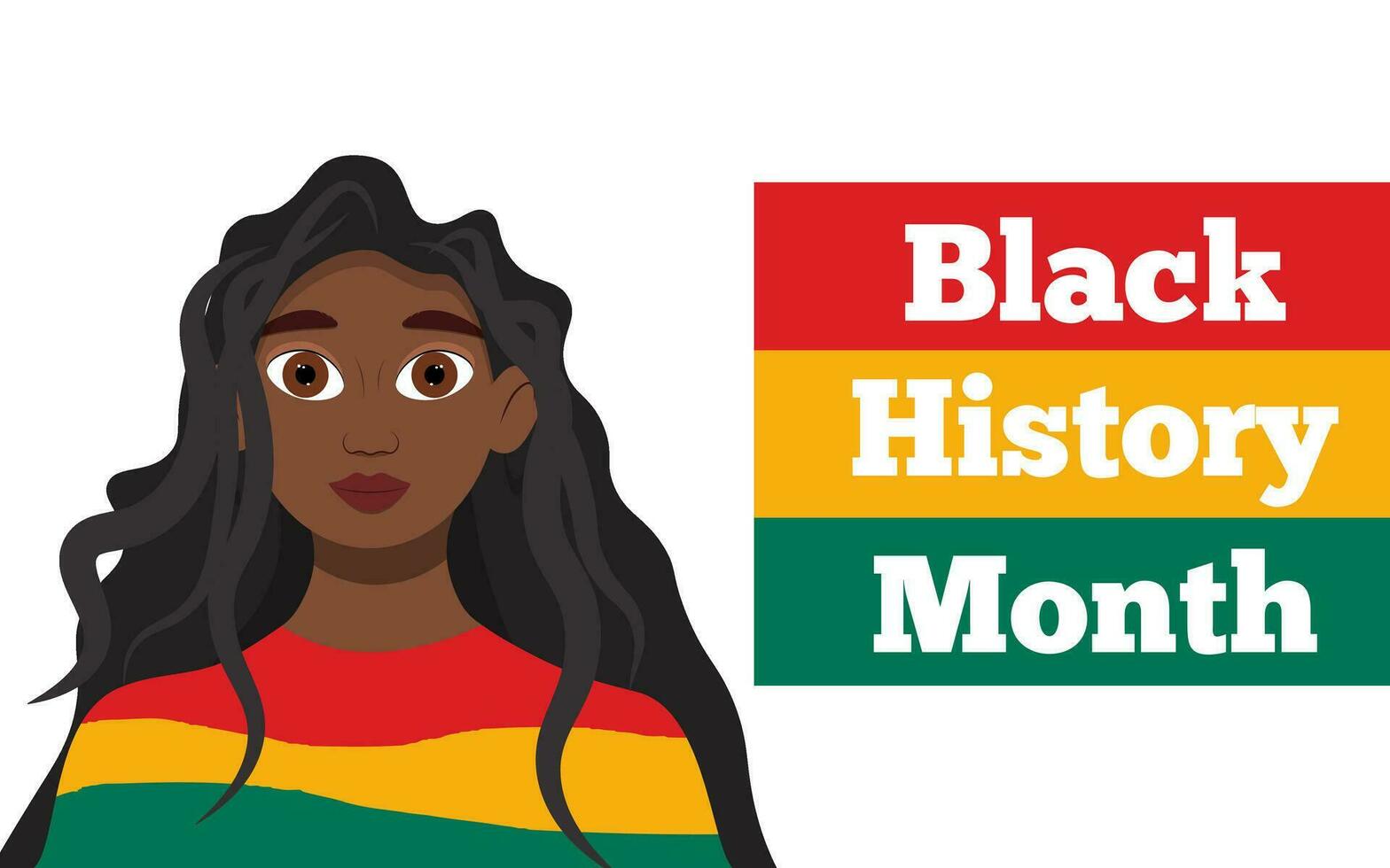 Black History Month flyer with a black woman and text in the national color of the African flag. Vector illustration.