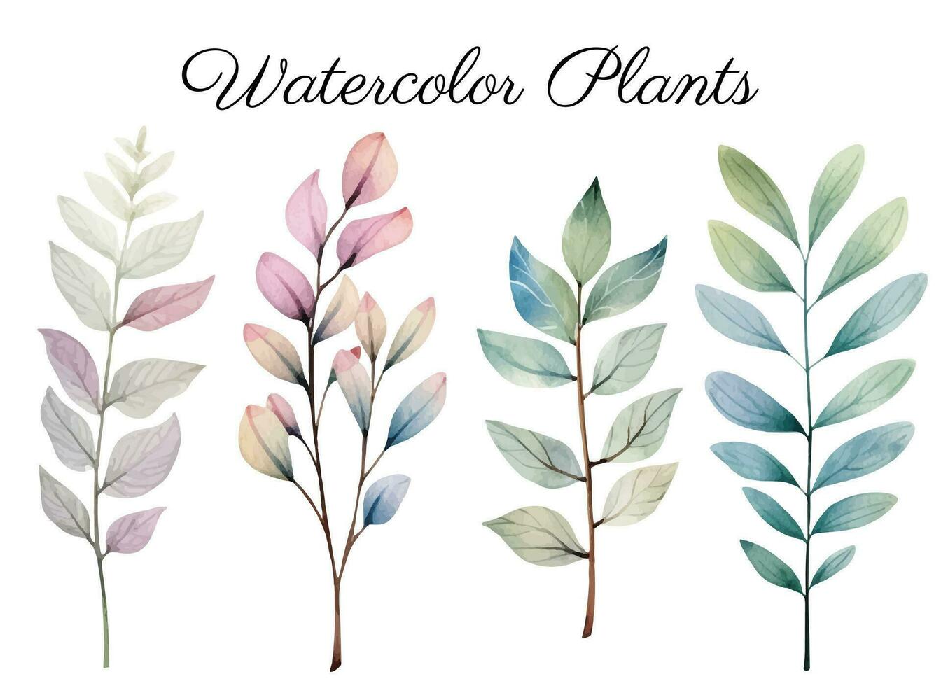 Watercolor botanical set. Delicate watercolor plants for wedding invitations, posters. Vector plants pastel colors.