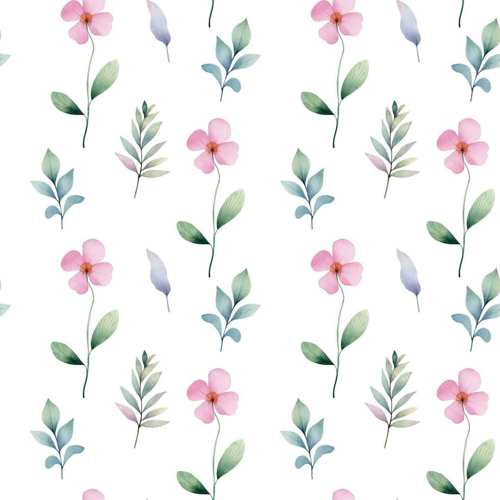 Watercolor floral background. Seamless pattern with delicate leaves and flowers. Hand drawn botanical wallpaper vector