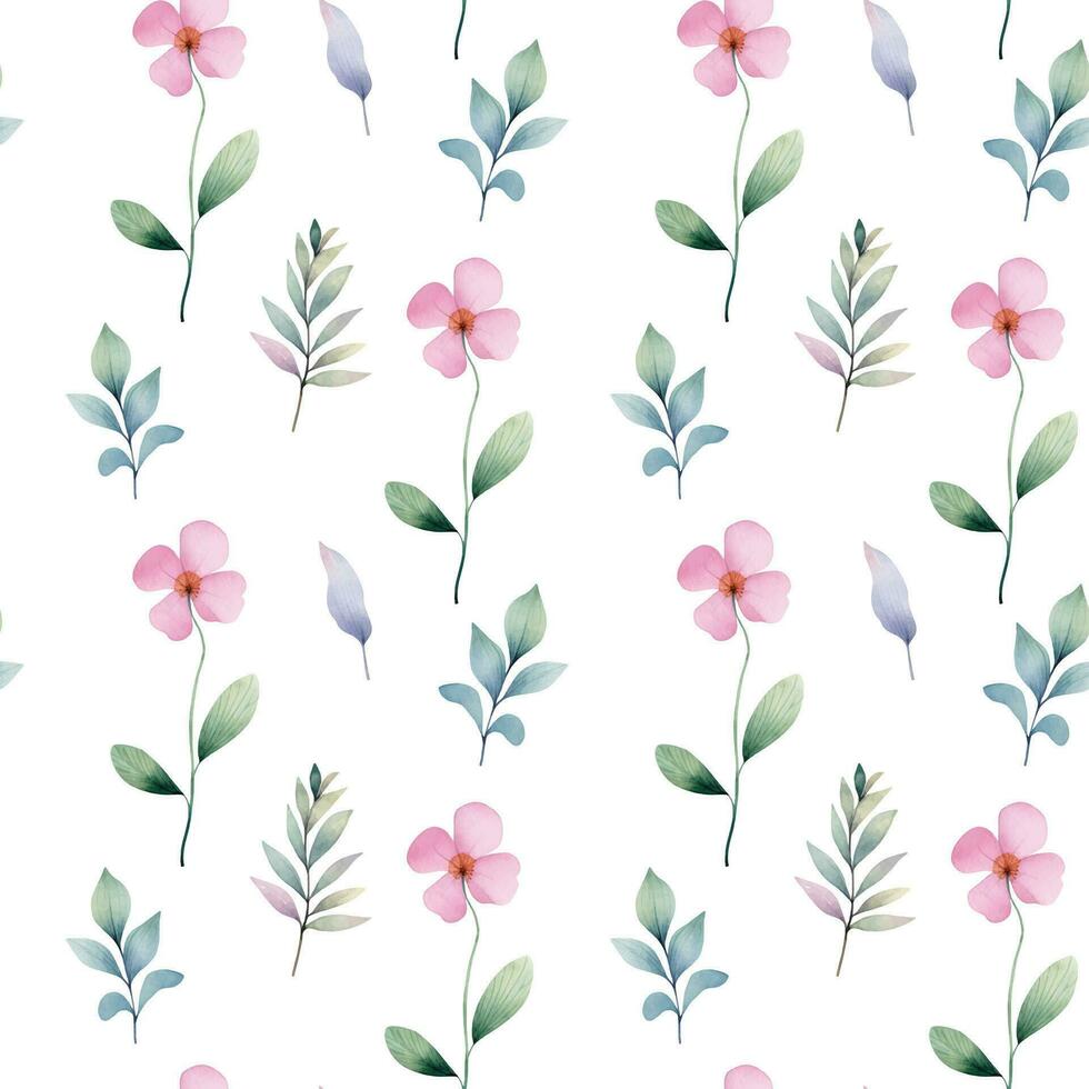 Watercolor floral background. Seamless pattern with delicate leaves and flowers. Hand drawn botanical wallpaper vector