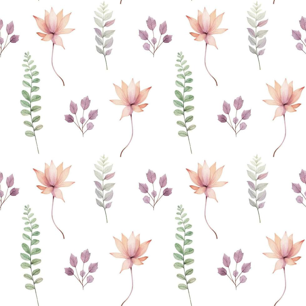 Watercolor floral background. Seamless pattern with delicate leaves and flowers. Hand drawn botanical wallpaper vector