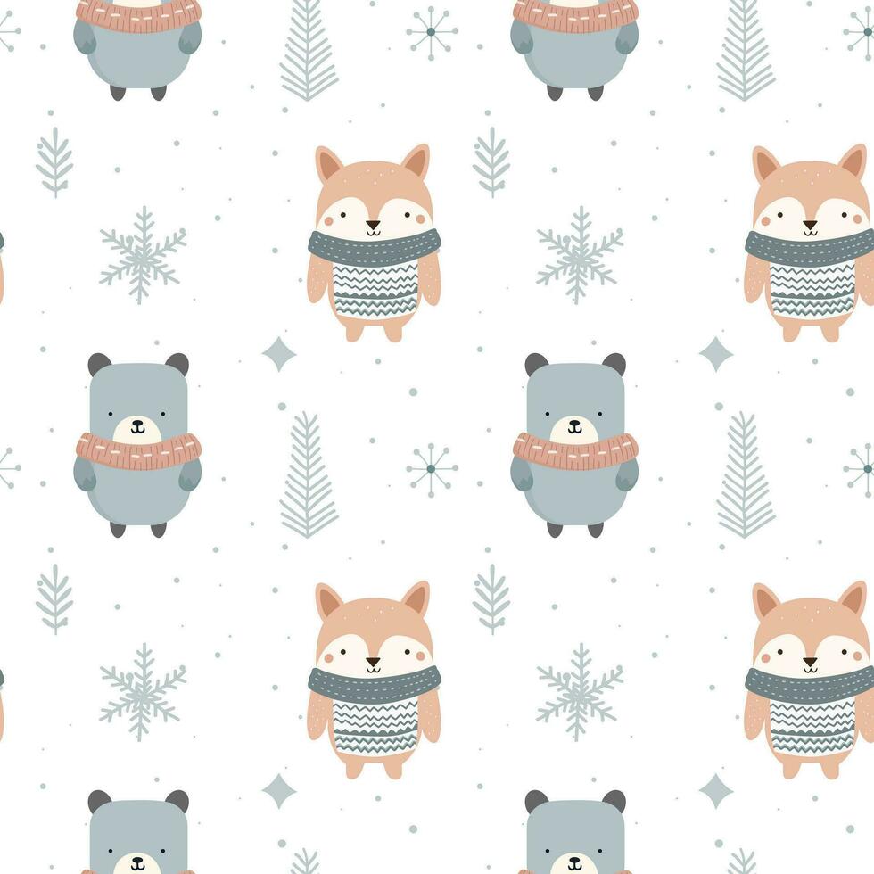 Winter seamless pattern with cute polar animals. Scandinavian Christmas vector pattern. Winter background design.