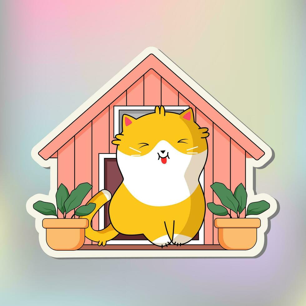 Funny cat sticker. Cute Kawaii Cat in house. Cartoon cat sticker design. Adorable kawaii animal. vector