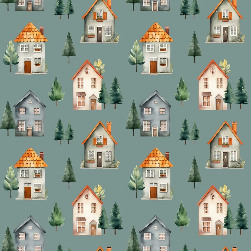 European houses seamless pattern. Cute watercolor buildings and trees. Trendy scandi vector background