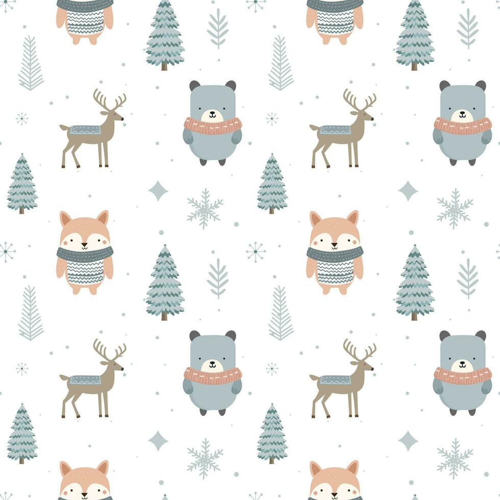 Winter seamless pattern with cute polar animals. Scandinavian Christmas pattern. Winter background design. vector