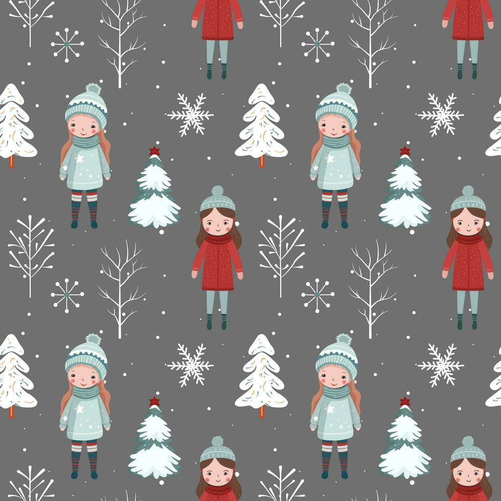 Winter seamless pattern with girls, snowy trees. Christmas vector pattern. Winter background design.