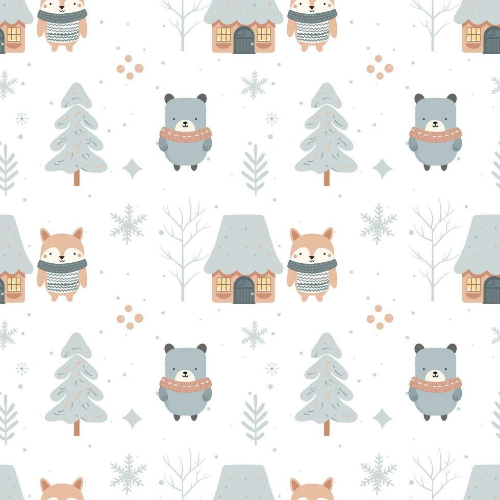 Winter seamless pattern with cute forest animals. Scandinavian Christmas pattern. Winter background vector
