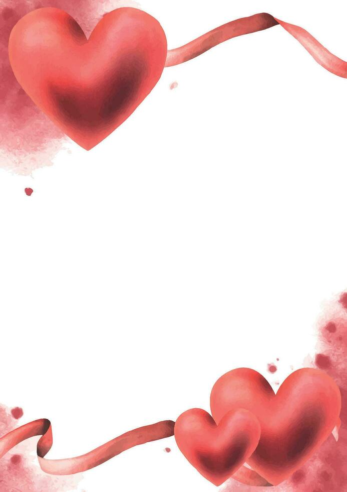 For Valentine s Day, a template with a heart and ribbon. Hand drawn watercolor illustration. Frame, board on a white background. vector