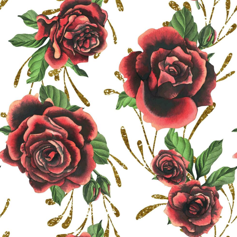 Redblack rose flowers with green leaves and buds, golden branches chic, bright, beautiful. Hand drawn watercolor illustration. Seamless pattern on a white background, for decoration and design vector