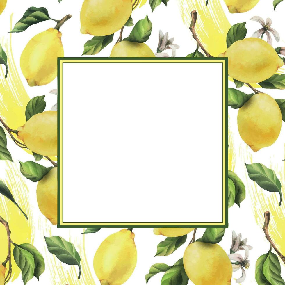 Lemons are yellow, juicy, ripe with green leaves, flower buds on the branches, whole and slices. Watercolor, hand drawn botanical illustration. Frame, template on a white background. vector
