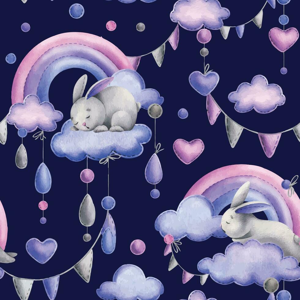 Cute bunny, sewn from fabric with thread stitches, sleeping on a rainbow with clouds and hanging raindrops. Watercolor illustration hand drawn. Seamless pattern on a dark blue background vector