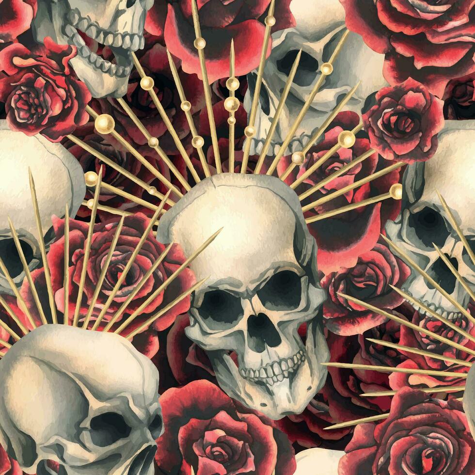 Human skulls with red roses and golden crones. Hand drawn watercolor illustration. Seamless pattern vector