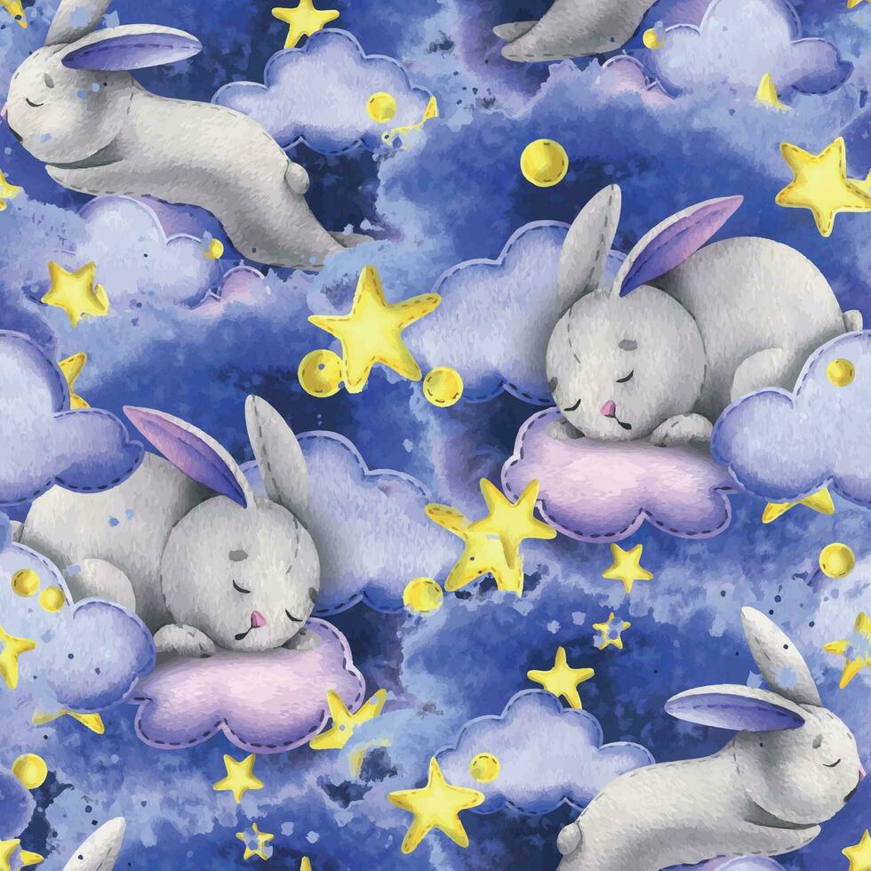 A cute gray bunny sleeps on the clouds among the stars against the background of the night sky. Watercolor illustration children's hand drawn. Seamless pattern on a blue background vector