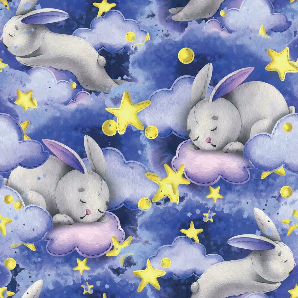 un linda gris conejito duerme en el nubes entre el estrellas en contra el antecedentes de el noche cielo. acuarela ilustración para niños mano dibujado. sin costura modelo en un azul antecedentes vector