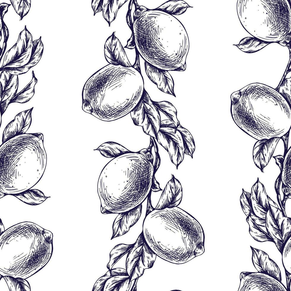 Lemons juicy, ripe with leaves, flower buds on the branches, whole and slices. Graphic botanical illustration hand drawn in blue ink. Seamless pattern EPS vector