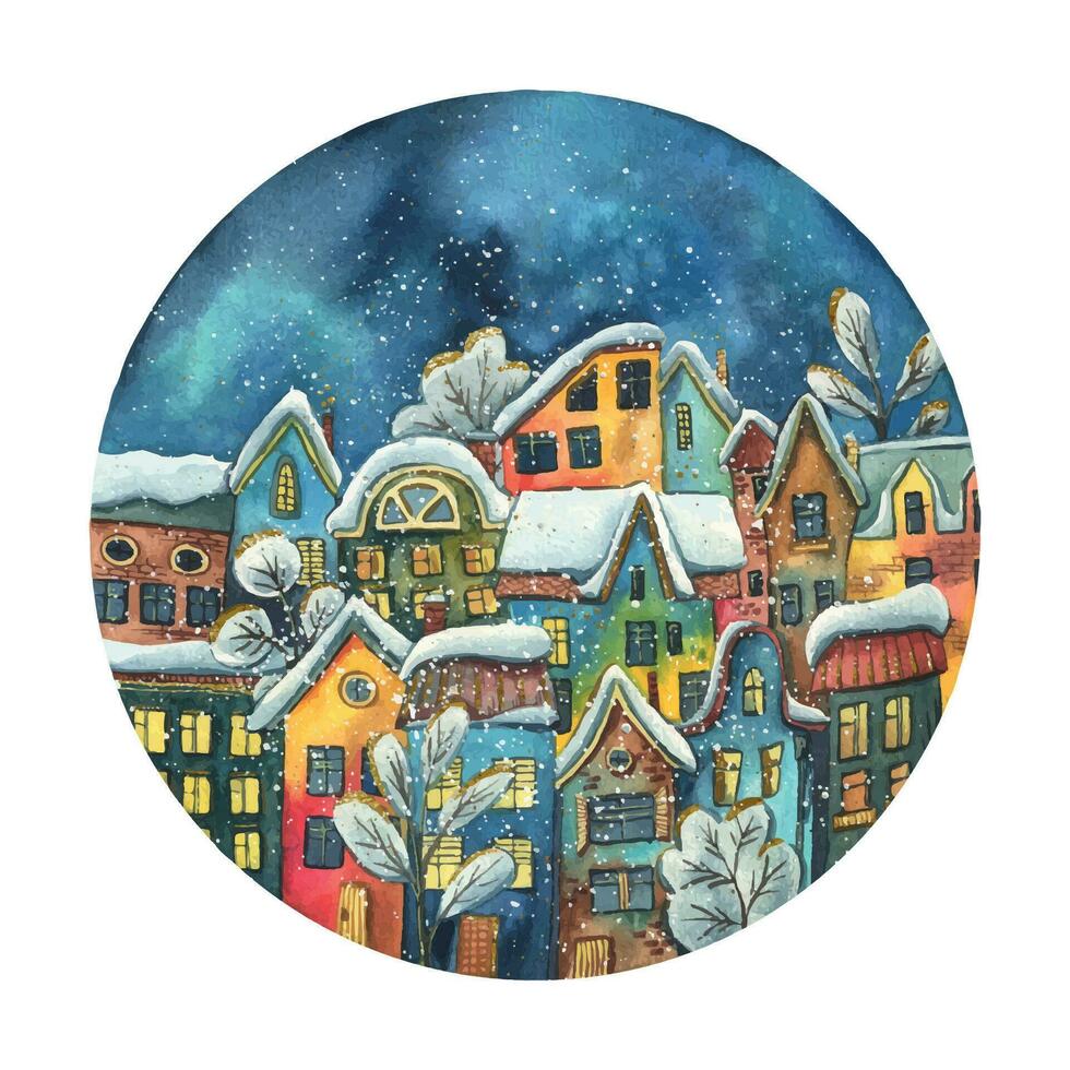 Panorama of the old city with houses against the backdrop of the night starry sky with snow. Hand drawn watercolor illustration. Round composition for New Year, winter and Christmas decor vector