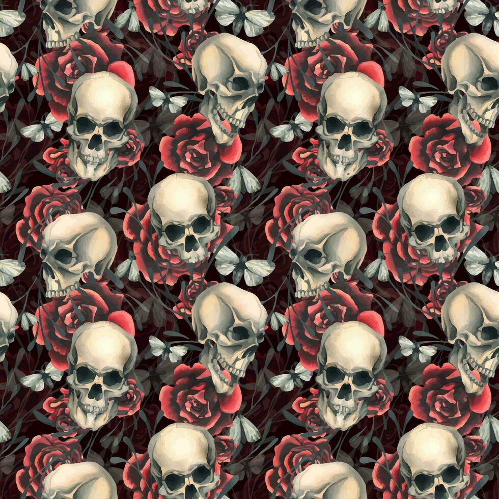 Human skulls with red roses and night moths. Hand drawn watercolor illustration. Seamless pattern vector