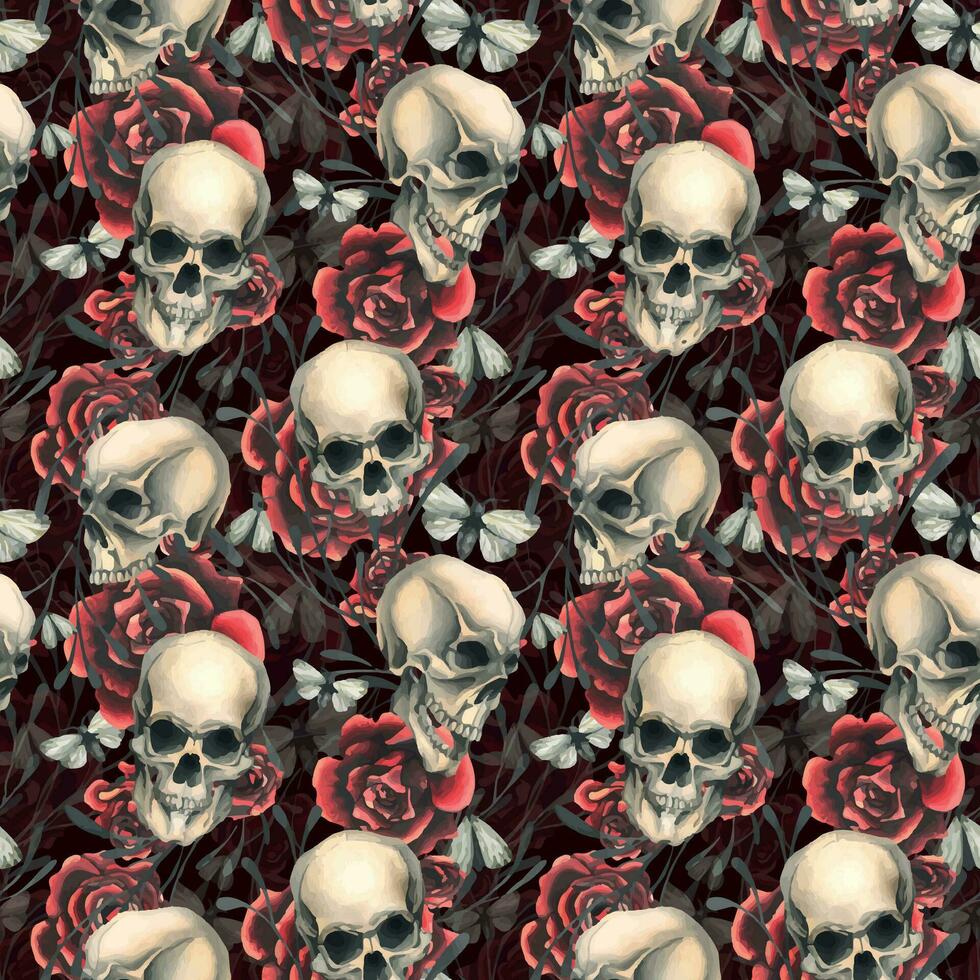 humano calaveras con rojo rosas y noche polillas mano dibujado acuarela ilustración. sin costura modelo vector