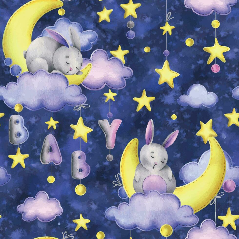 A cute gray stitched bunny lies and sleeps on a yellow moon with clouds, stars, the letters BABY hanging on ropes with bows. Watercolor illustration, hand drawn. Seamless pattern on a blue background vector