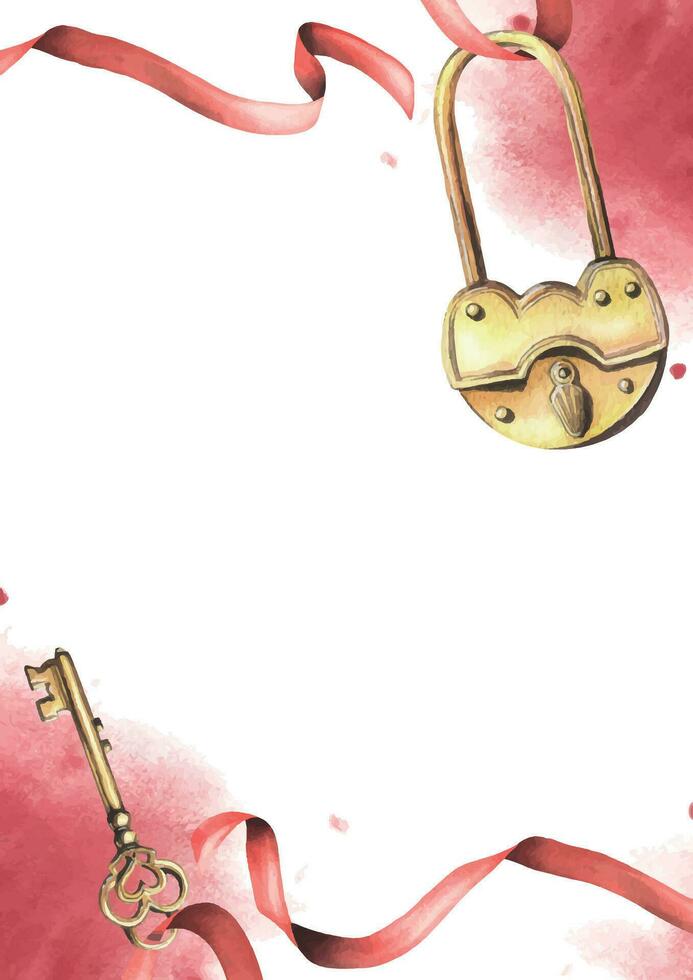 For Valentine s Day, a template with a key and lock, ribbons, splashes. Hand drawn watercolor illustration. Frame, board on a white background vector