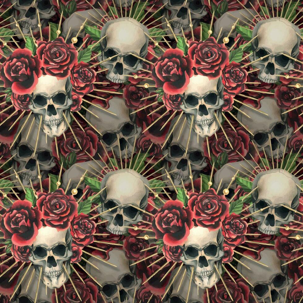 humano calaveras con rojo rosas y dorado brujas. mano dibujado acuarela ilustración. sin costura modelo vector