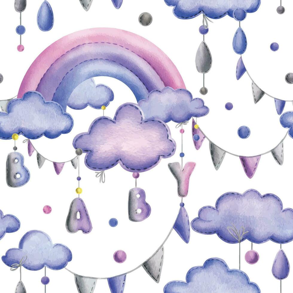 A stitched rainbow with clouds and letters BABY, garland flags, dots hanging from ropes in blue, purple and pink. Cute hand drawn watercolor illustration. Seamless pattern on a white background. vector