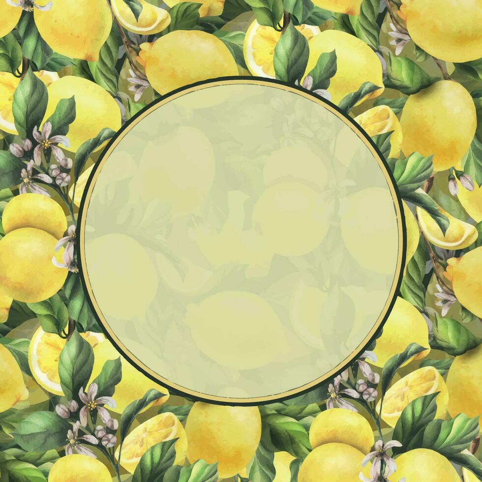 Lemons are yellow, juicy, ripe with green leaves, flower buds on the branches, whole and slices. Watercolor, hand drawn botanical illustration. Frame, wreath, template on a white background. vector