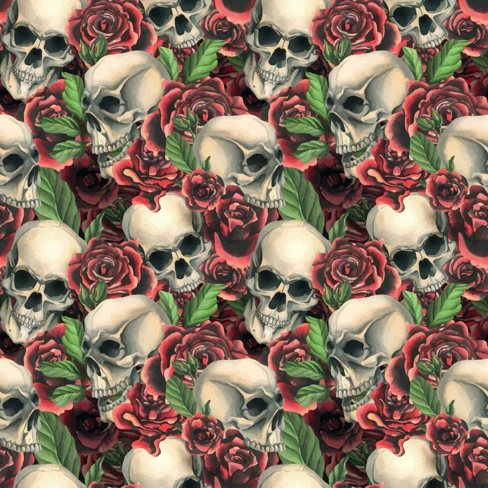 Human skulls with red roses and leaves. Hand drawn watercolor illustration. Seamless pattern vector