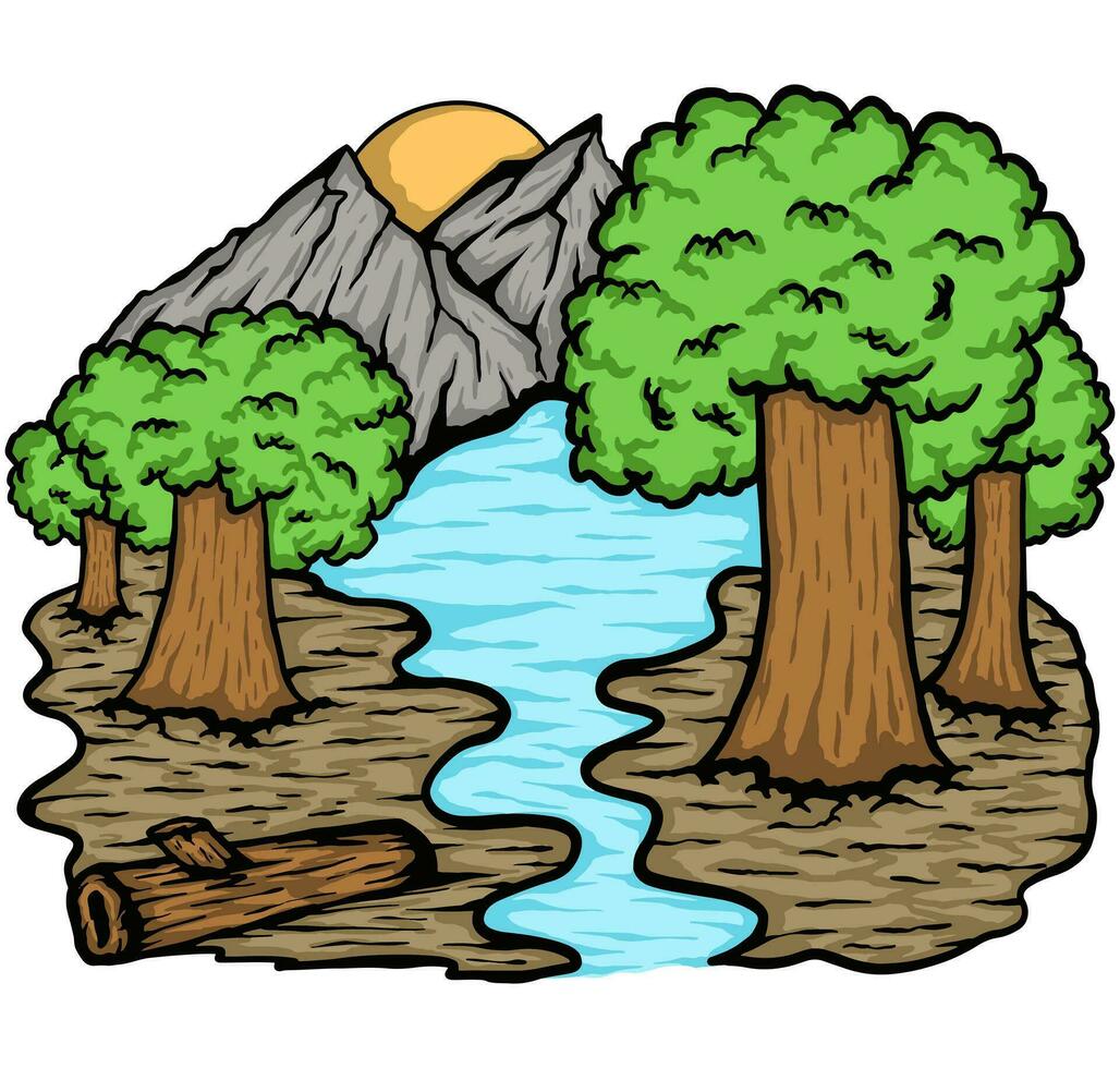 montaña bosque río ilustración vector