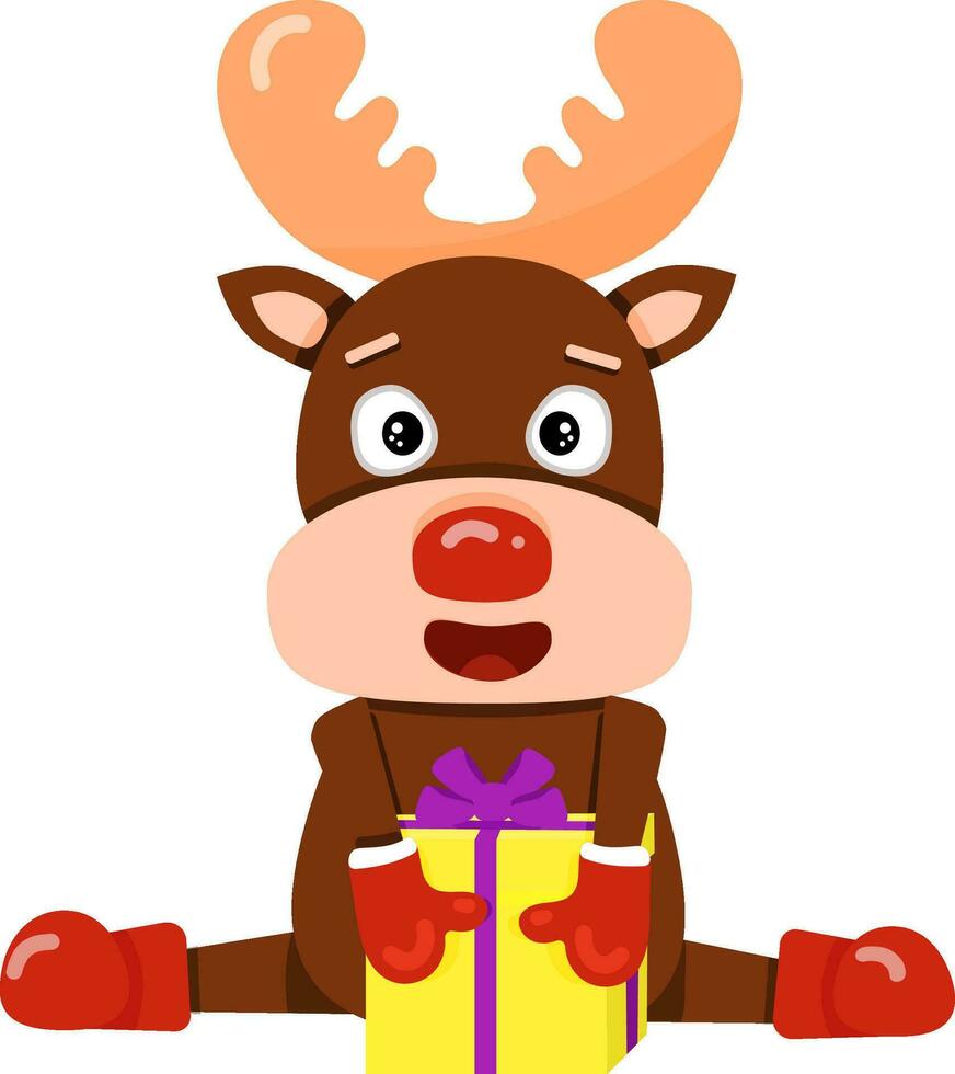 Illustration with cute cartoon reindeer Rudolf with a gift. Element for print, postcard and poster. Vector illustration