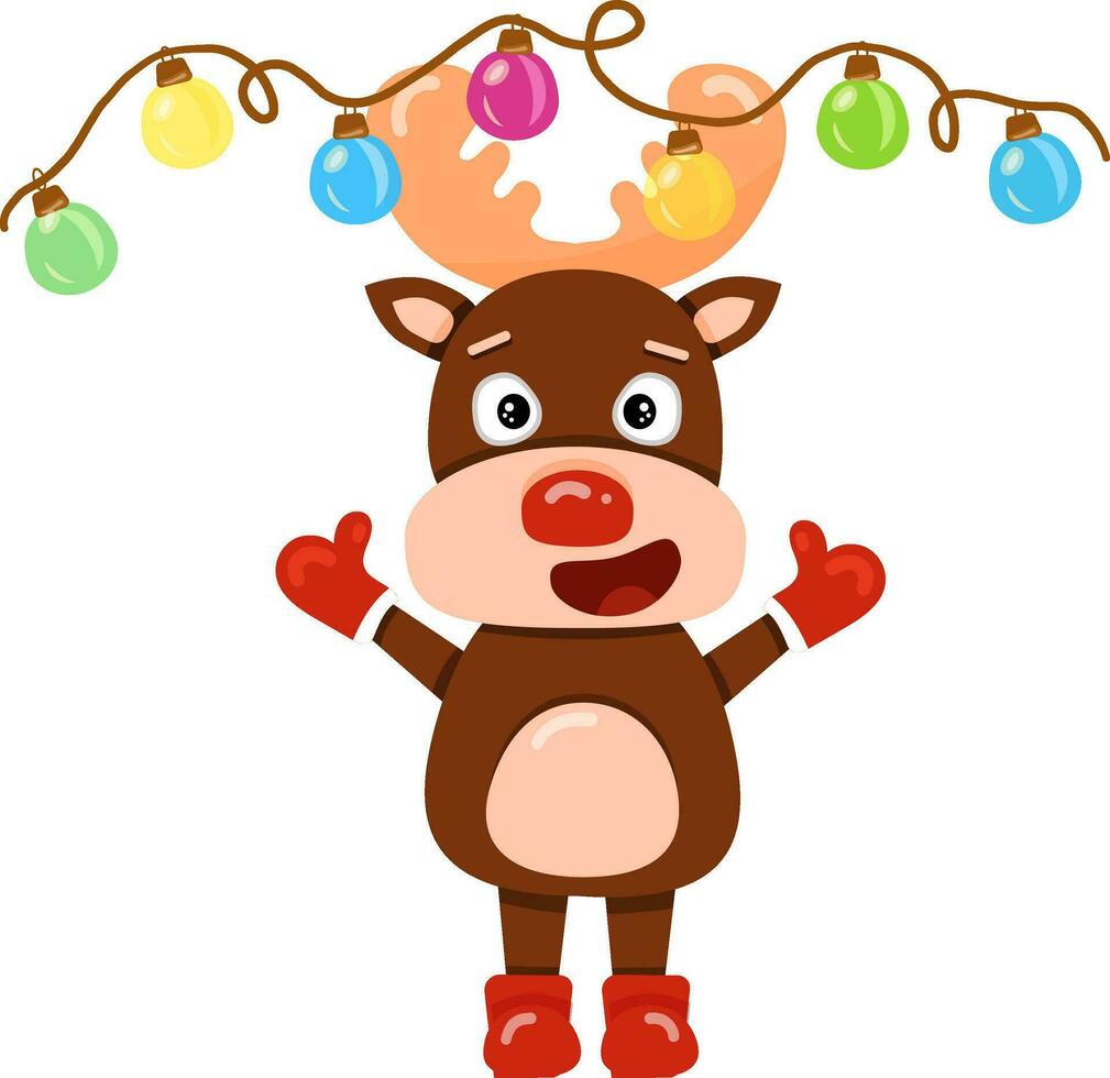 Illustration with cute cartoon reindeer Rudolf with a garland. Element for print, vector