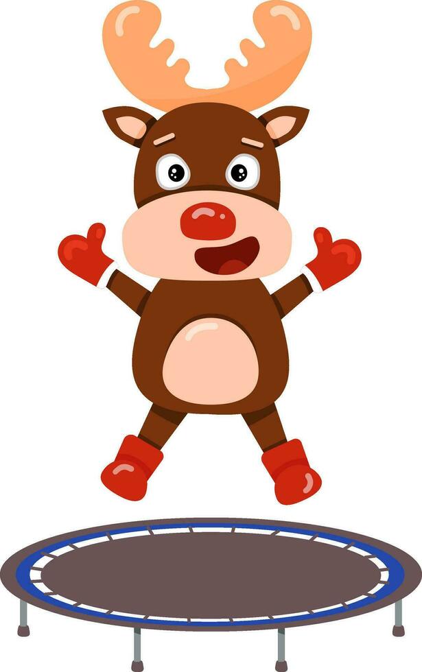 Illustration with cute cartoon reindeer Rudolph on a trampoline. Element for print, postcard and poster vector