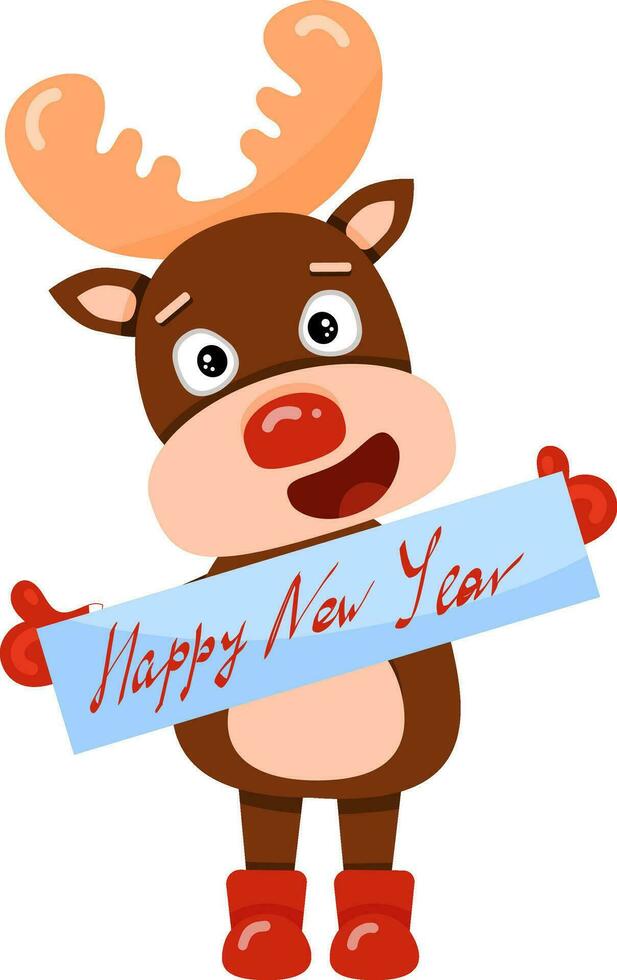 Illustration with cute cartoon reindeer Rudolf with Happy New Year greeting vector