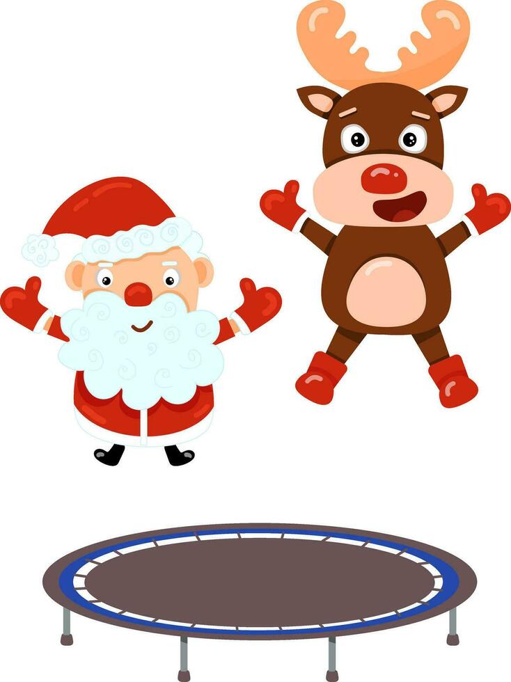 Illustration with cute cartoon Santa and reindeer Rudolph on a trampoline. Element for print, postcard and poster. Vector illustration