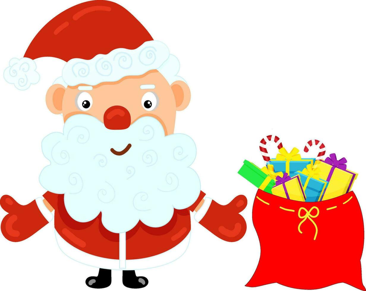 Illustration with cute cartoon Santa with a bag of gifts. Element for print, postcard and poster. vector