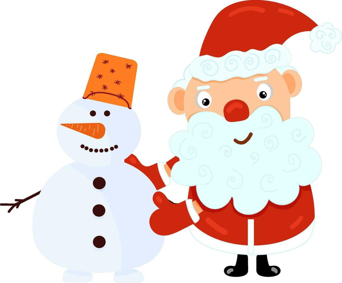 Illustration with cute cartoon Santa with a snowman. Element for print, postcard and poster. Vector illustration