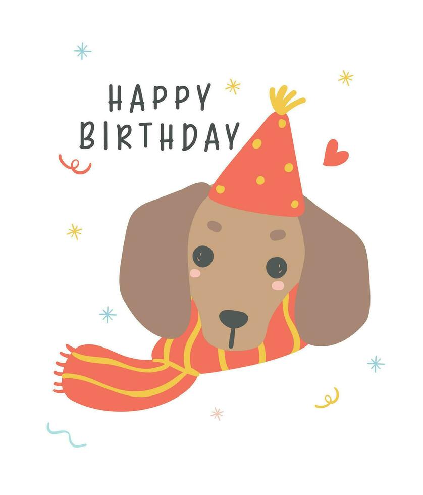 linda cumpleaños tarjeta con perro tejonero perro vistiendo fiesta sombrero. kawaii saludo tarjeta dibujos animados mano dibujo plano diseño gráfico ilustración. vector