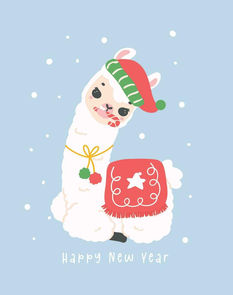 cute Christmas llama greeting card in winter theme, kawaii cartoon hand drawing illustration vector