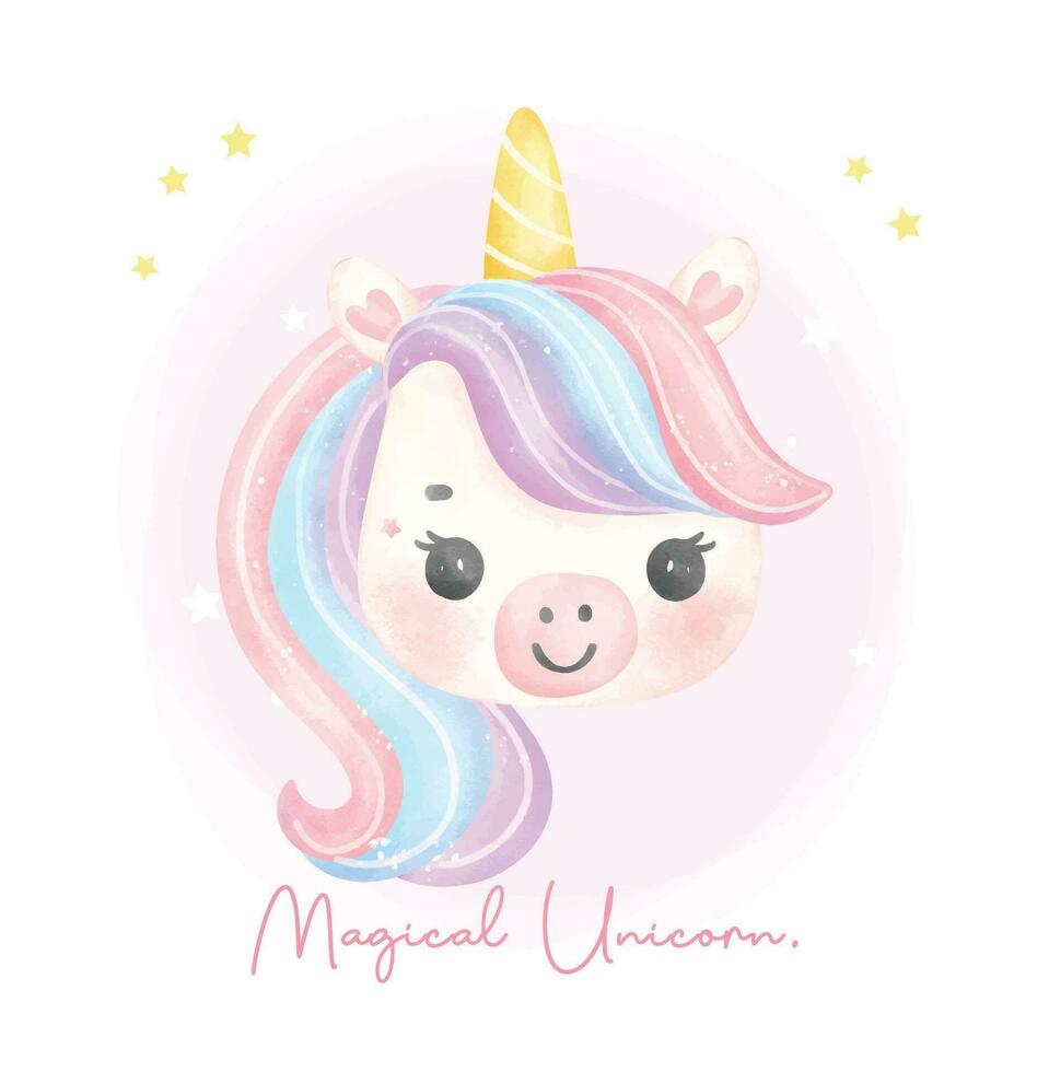 Cute unicorn face watercolor dreamy nursery Art illustration. Magical Unicorn. vector
