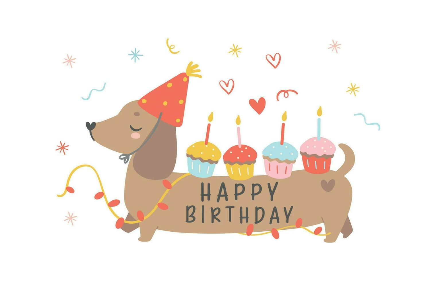 linda cumpleaños perro tejonero perro vistiendo fiesta sombrero y teniendo pastelitos kawaii saludo tarjeta dibujos animados mano dibujo plano diseño gráfico ilustración. vector