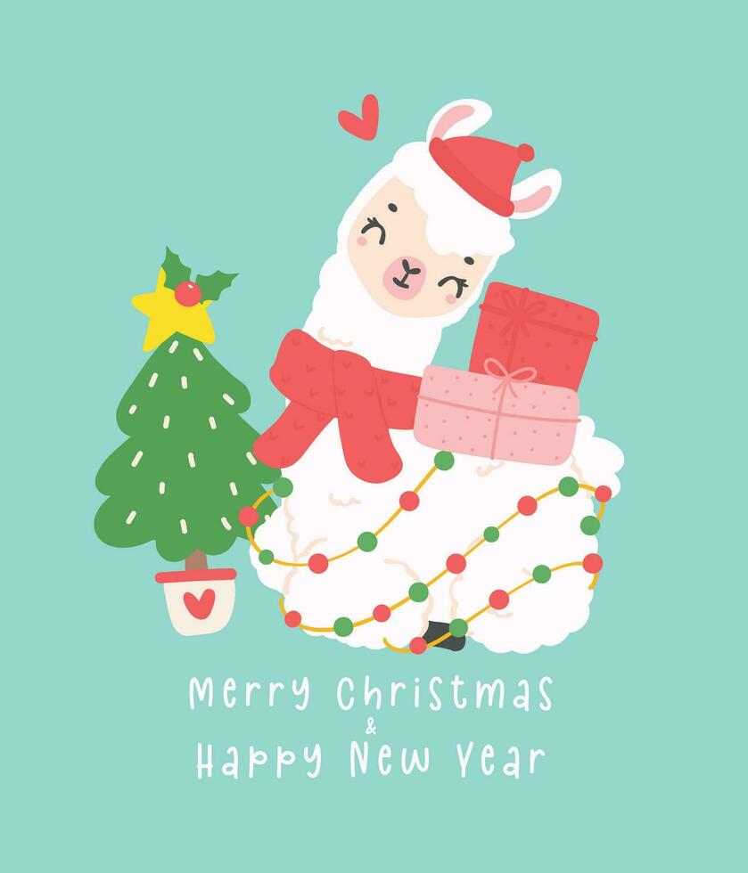 Cute Christmas llama greeting card in winter theme, kawaii Happy New Year cartoon Animal hand drawing illustration vector