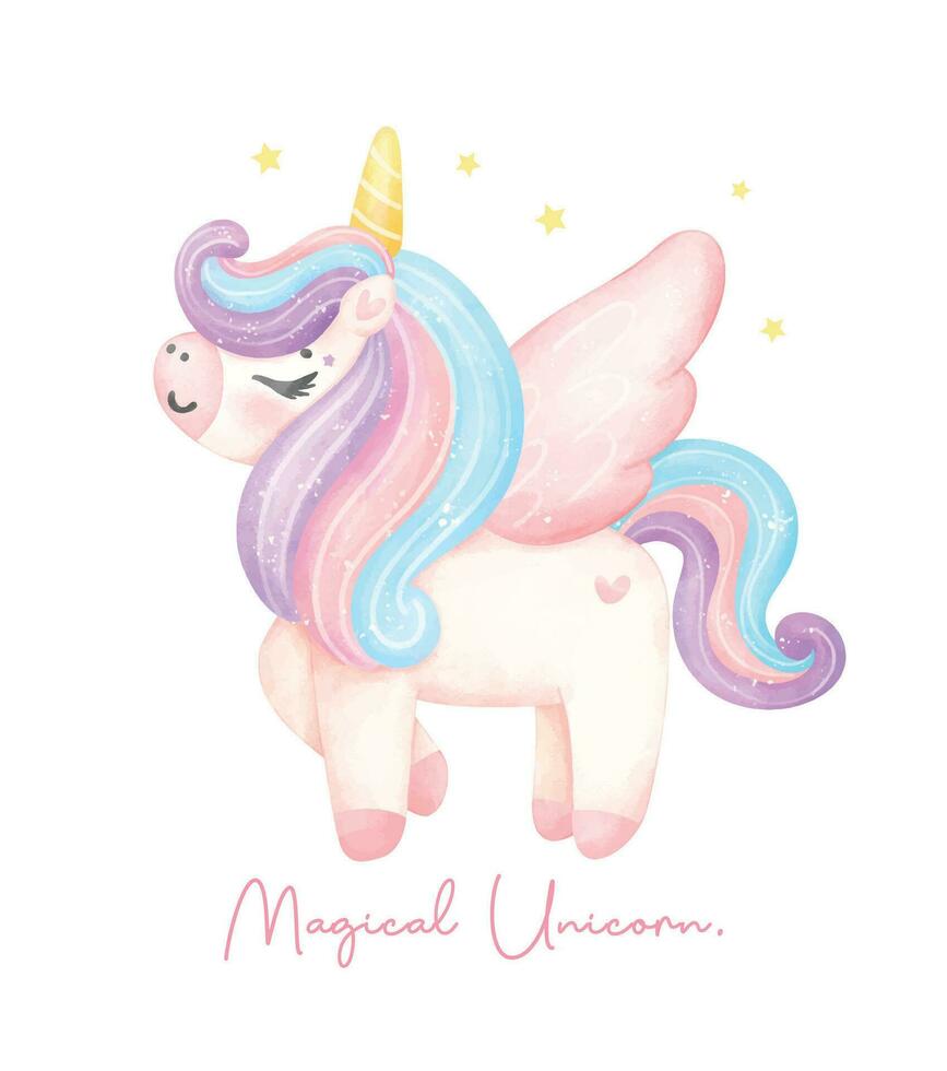 linda unicornio con ala mágico poni acuarela soñador guardería Arte ilustración. mágico unicornio. vector