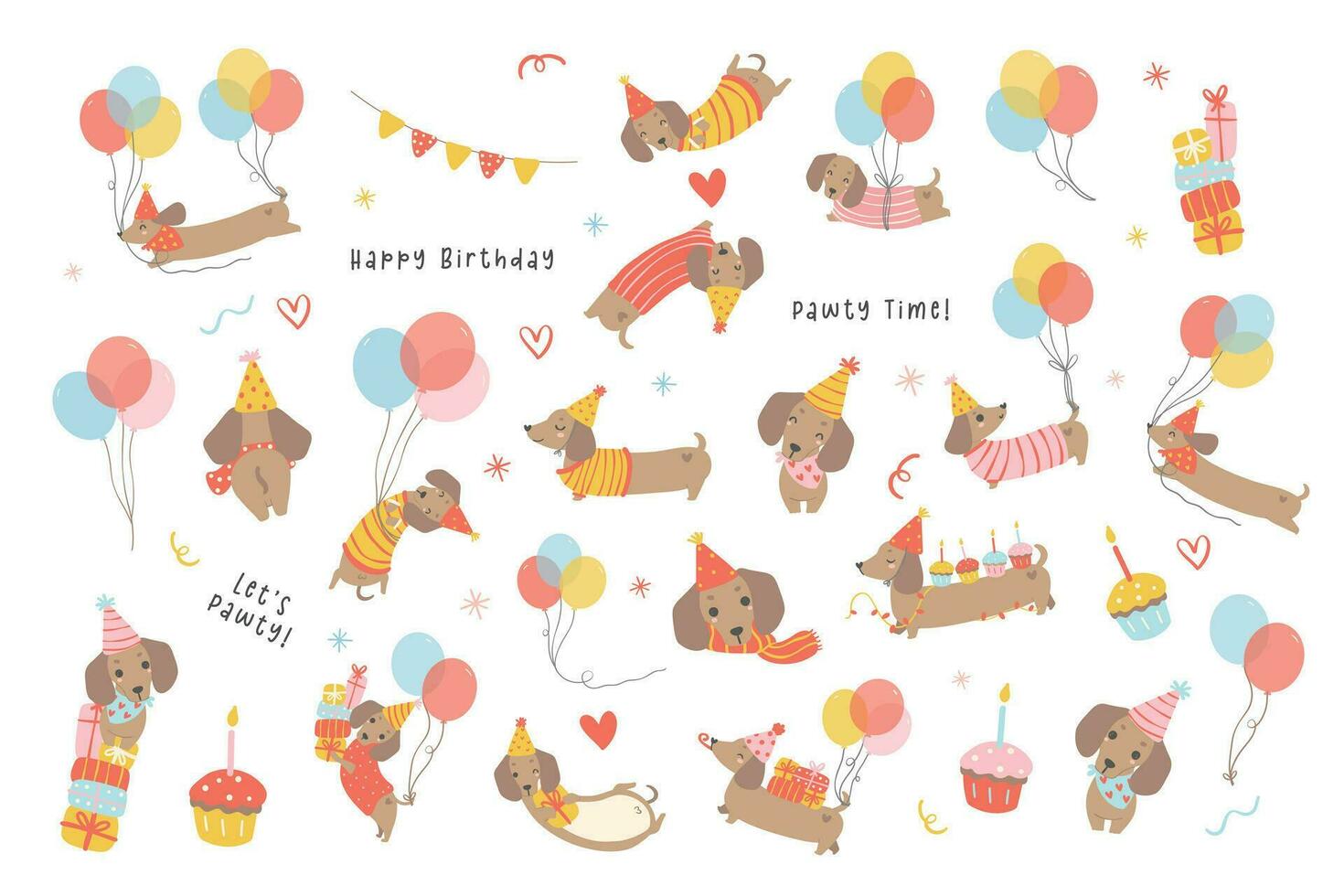 cute birthday Sausage dog dachshund puppy party cartoon illustration set. vector